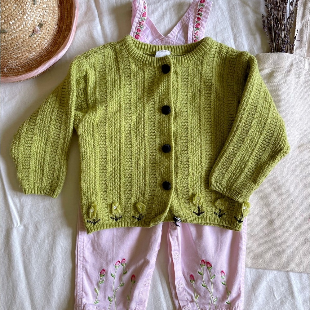 vintage green apple knit embroidered florals toddler cardigan - size 2T sweater